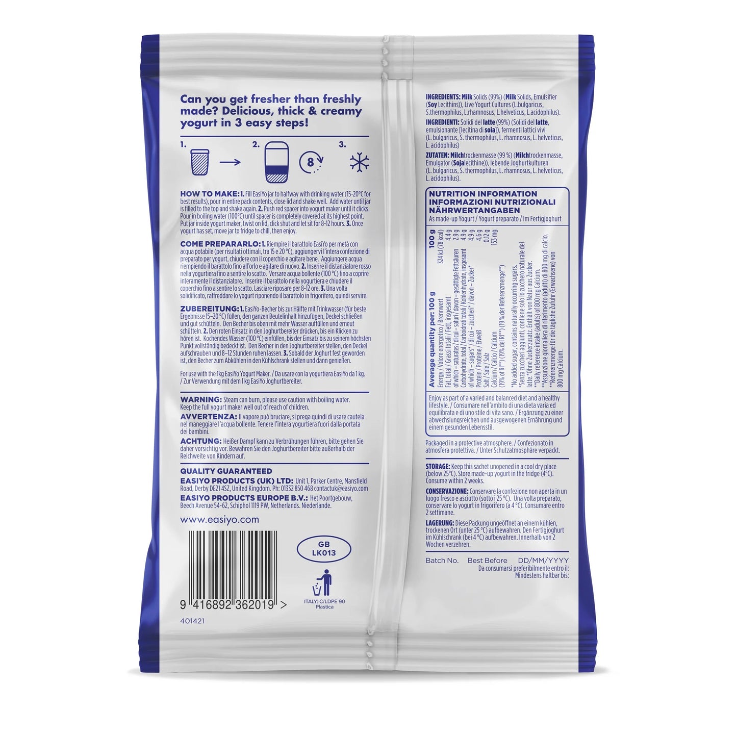 EasiYo Greek Style Natural Yogurt Sachet 170g