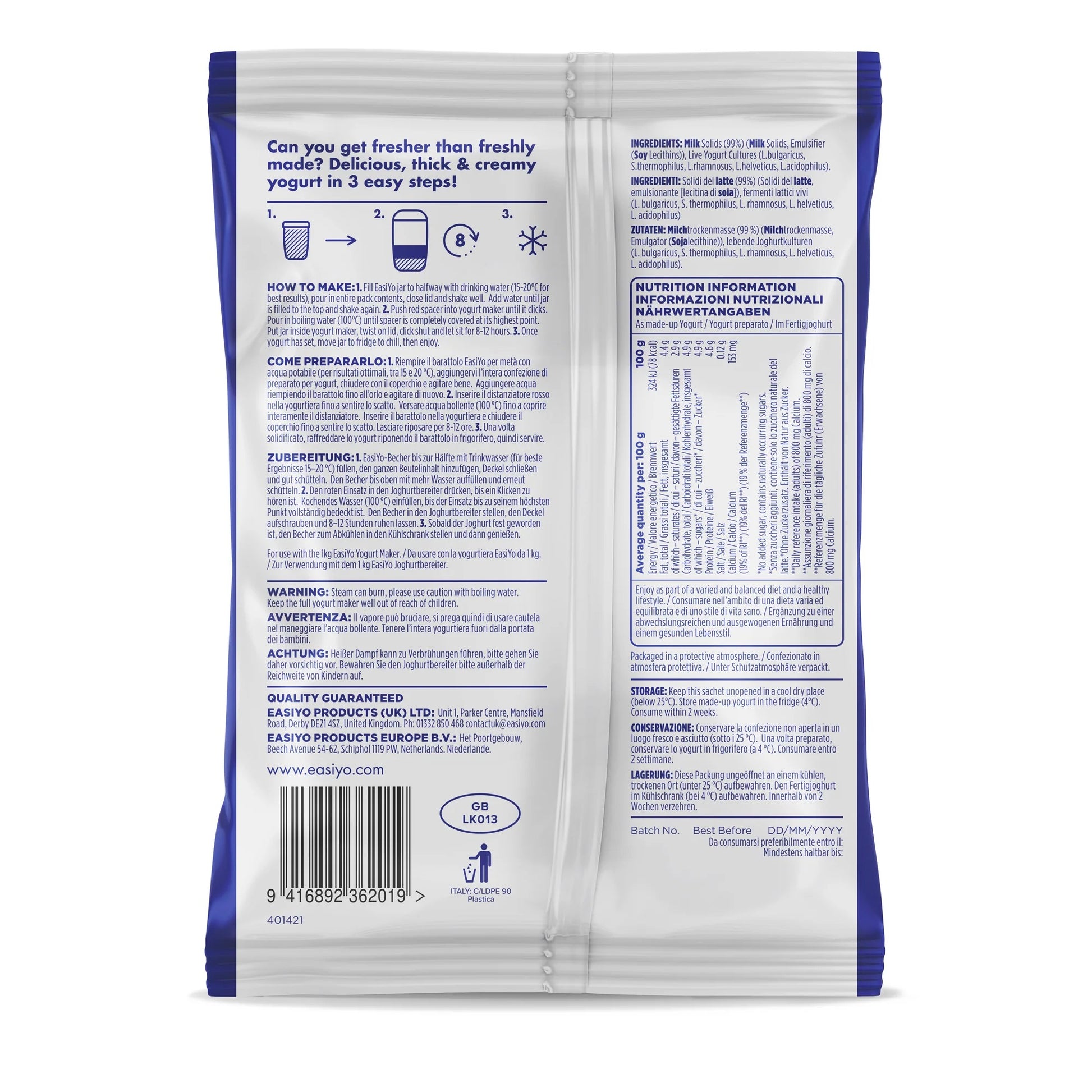 EasiYo Greek Style Natural Yogurt Sachet 170g