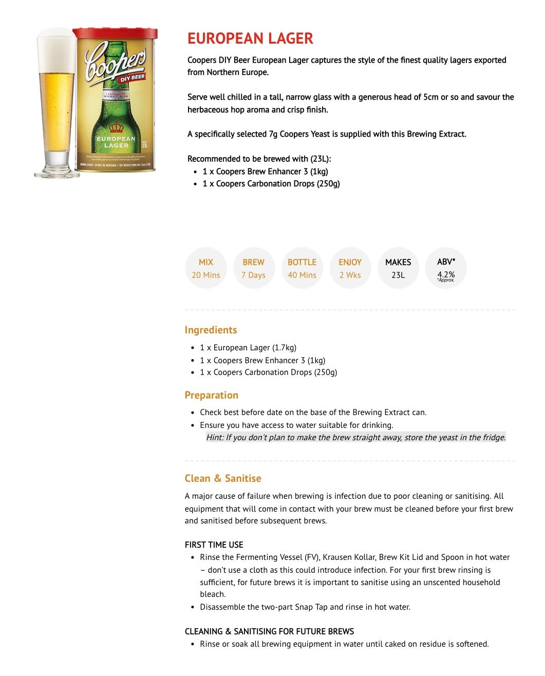 Coopers - European Lager 1.7Kg 40 Pint Beer Kit