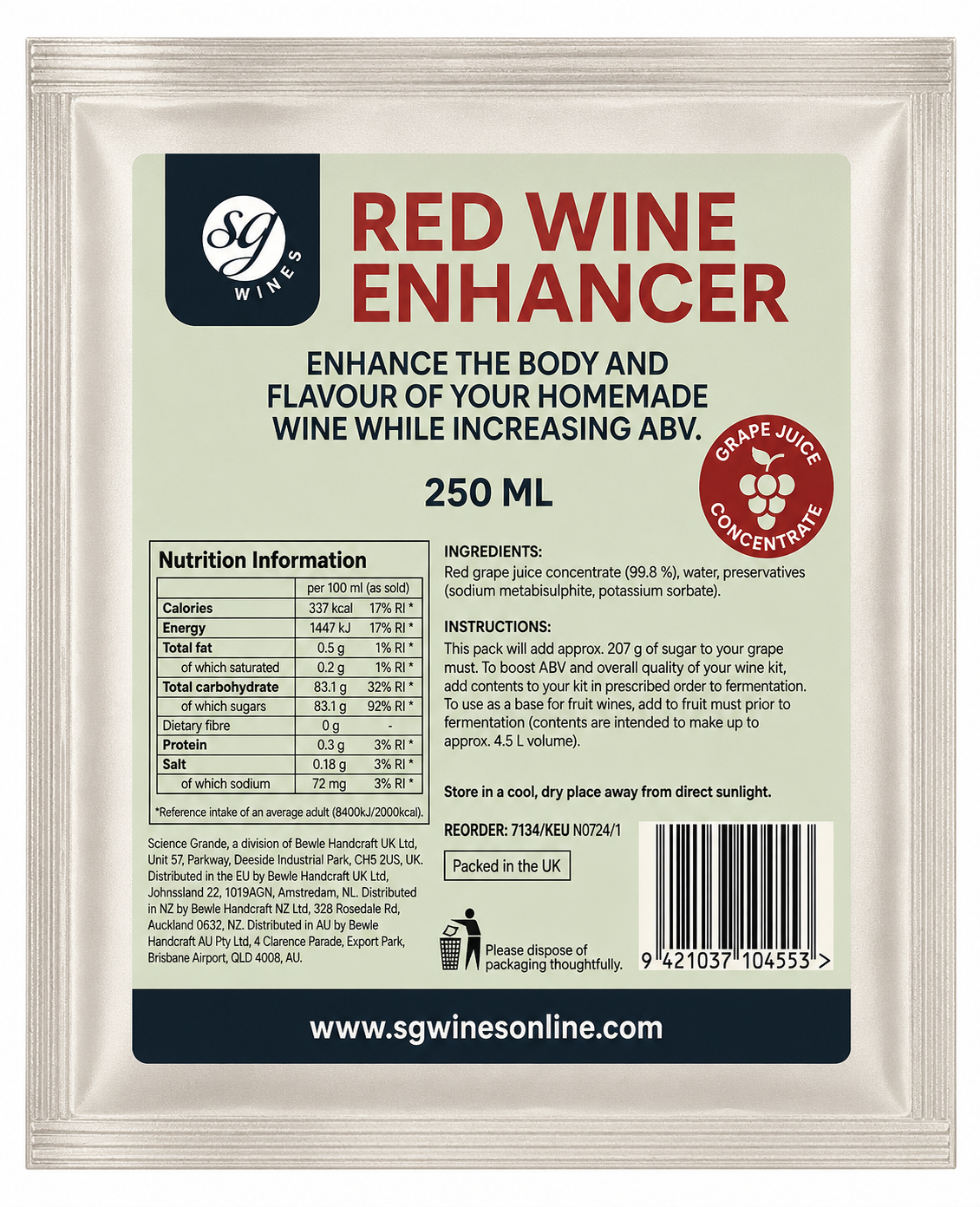 SG Wines Red Wine Enhancer 250ml Pouch - Red Grape Juice Concentrate