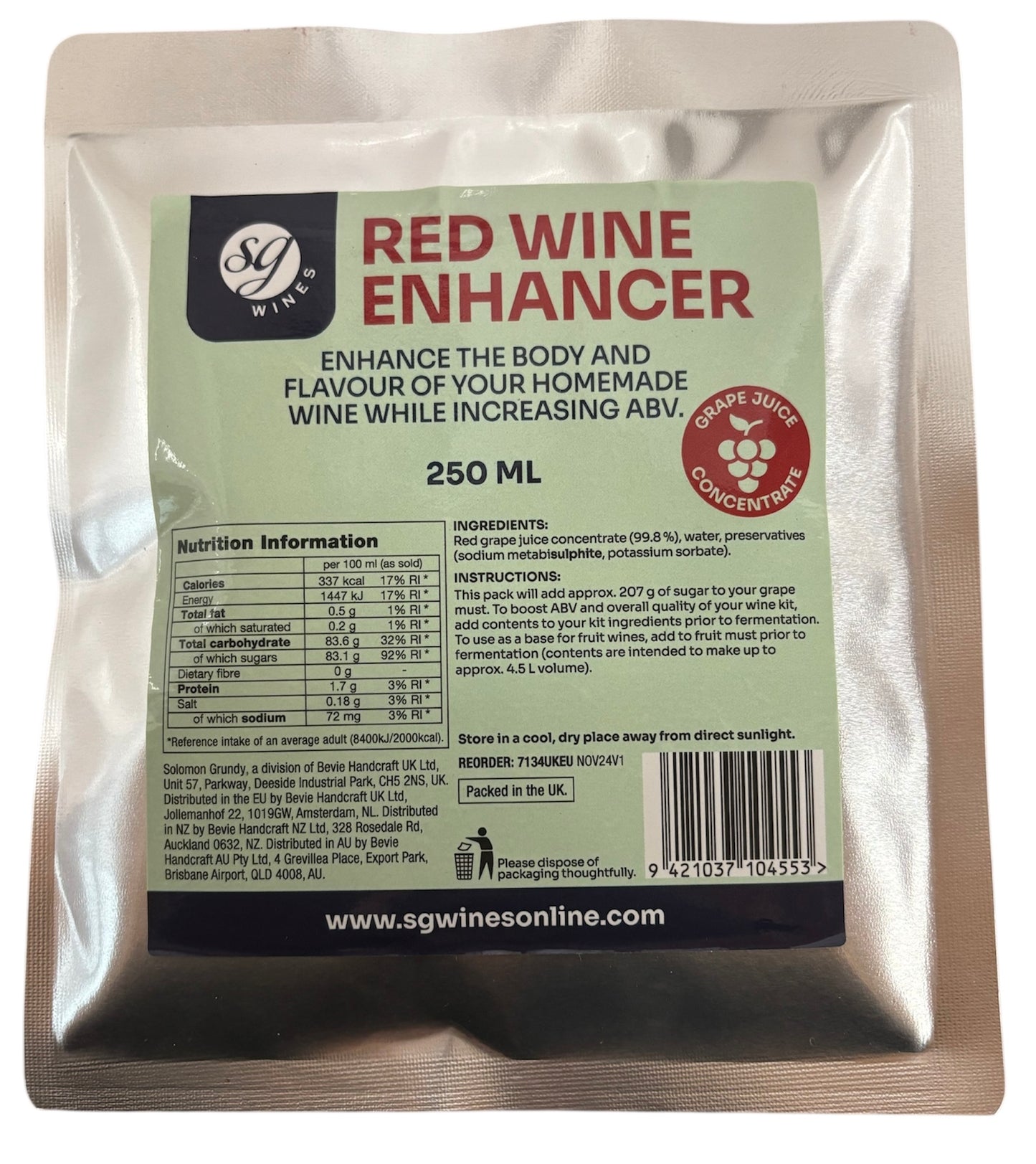 SG Wines Red Wine Enhancer 250ml Pouch - Red Grape Juice Concentrate